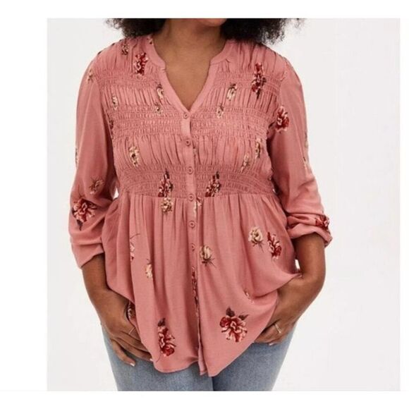TORRID Women’s Floral Peasant Babydoll Style Blouse Hi Low Boho Size 2 2X Coral - Picture 2 of 13